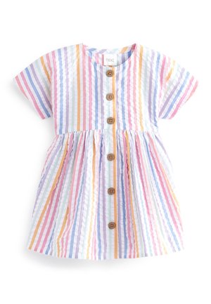 Stripet kjole i pastelfarver med korte ærmer, rund halsudskæring, knaplukning foran og en taljesamling med et skørt, der flæser ud.