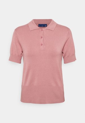 Pink short-sleeve polo shirt with three front buttons and a ribbed hem on a plain background.