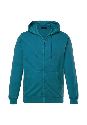 Türkise Zip-Hoodie mit Kordelzugkapuze, vorderen Taschen, gerippten Bündchen und Saum. Hergestellt aus weichem, strukturiertem Stoff.