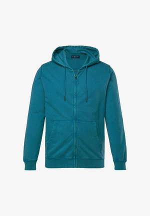 Türkise Zip-Hoodie mit Kordelzugkapuze, vorderen Taschen, gerippten Bündchen und Saum. Hergestellt aus weichem, strukturiertem Stoff.