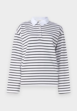 Cămașă polo albă cu mânecă lungă, decorată cu dungi negre orizontale, guler clasic și placket cu două butoane. Material din bumbac neted.