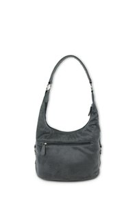 Gray shoulder bag made of soft material with a curved design, a zippered front pocket, and a smooth, textured finish.