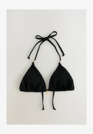 Top bikini triangolare nero con texture arricciata, lacci regolabili e dettagli in oro al centro e alle estremità delle cinghie.