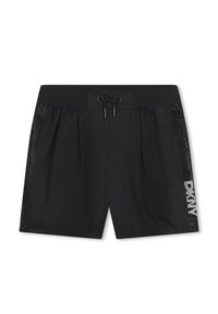 Shorts noirs avec une taille élastique, dotés d'un cordon de serrage, d'accents latéraux en clous brillants et d'un logo en bas à droite.