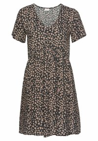 Kurzarmkleid aus dunklem Stoff mit einem Muster aus kleinen rosa Herzen, einem V-Ausschnitt und einer gerafften Taille für eine schmeichelhafte Form.