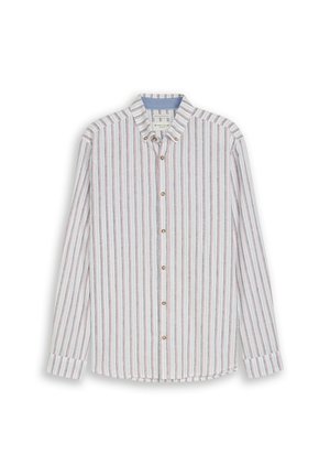 Chemise à manches longues avec boutons, à rayures verticales rouges, bleues et blanches, avec un col boutonné, sur fond blanc.