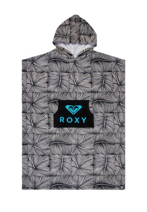 Poncho à capuche en serviette noire et blanche avec un motif abstrait en spirale et un logo "ROXY" bleu sur la poche avant.