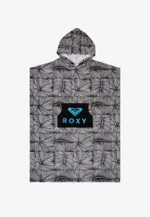 Czarnobiały poncho z kapturem i abstrakcyjnym wzorem spiralnym oraz niebieskim logo "ROXY" na przedniej kieszeni.