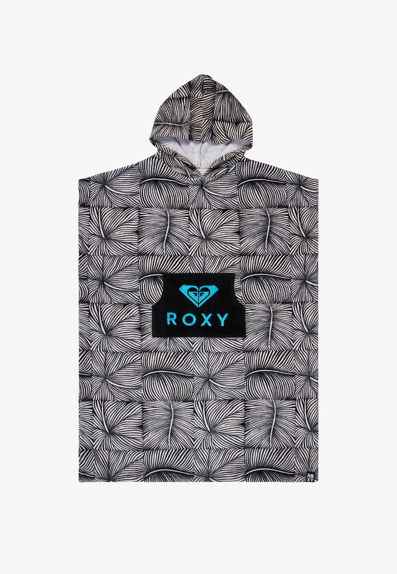 Poncho à capuche en serviette noire et blanche avec un motif abstrait en spirale et un logo "ROXY" bleu sur la poche avant.