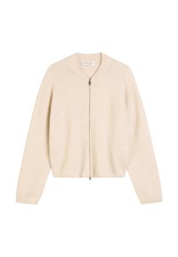 Cardigan beige in maglia con zip frontale, polsini a coste e scollatura rotonda. Texture morbida, vestibilità rilassata e senza motivi o accentuazioni visibili.