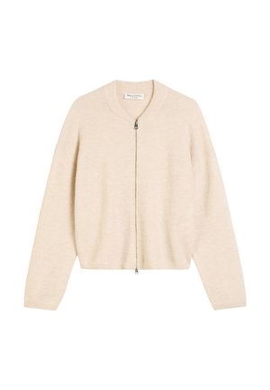 Beige strikket cardigan med glidelås foran, ribbede mansjetter og rund hals. Myk tekstur, avslappet passform og ingen synlige mønstre eller detaljer.