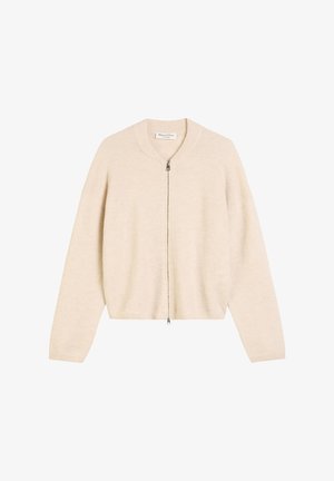 Beige gestrickte Strickjacke mit Reißverschluss vorne, gerippten Bündchen und rundem Halsausschnitt. Weicher Griff, lässige Passform und keine sichtbaren Muster oder Akzente.