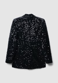 Blazer nero con paillettes caratterizzato da un tessuto strutturato con un design definito, rever a lancia e spacco posteriore per facilità di movimento.