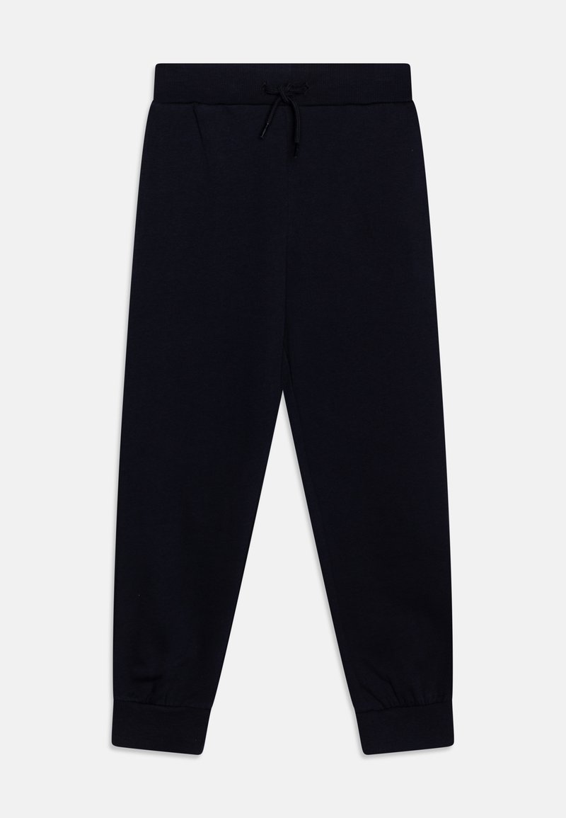 Marinemarineblå joggebukser laget av mykt stoff, med elastisk midjebånd med snøring og stramme mansjetter ved anklene.
