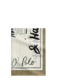 Witte sjaal met zwarte abstracte patronen en tekst, met een beige rand. Gemaakt van lichtgewicht, textuurstof. O'Polo-branding inbegrepen.