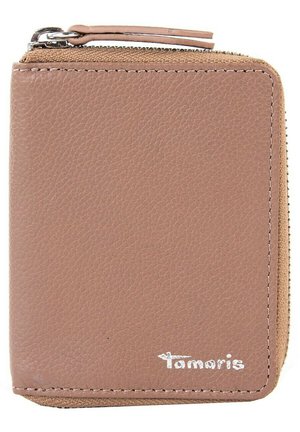 Brown leather wallet with a textured finish, zip closure, and white logo on the front. Compact rectangular shape with stitched edges.