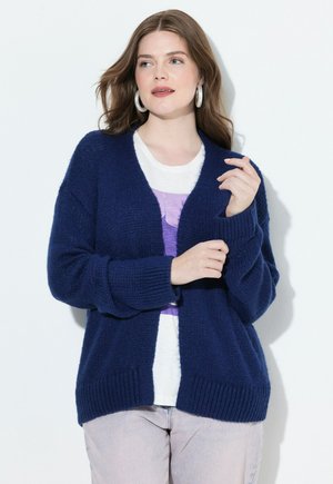 Femme portant un cardigan en tricot bleu marine, un t-shirt blanc et violet, un pantalon rose clair et de grandes boucles d'oreilles en argent sur un fond blanc.