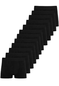 Schwarze Baumwoll-Boxershorts mit einem bequemen elastischen Bund und geprägtem Logo, in einer Reihe angeordnet, die ein einheitliches Design und eine gleichmäßige Farbe zeigen.