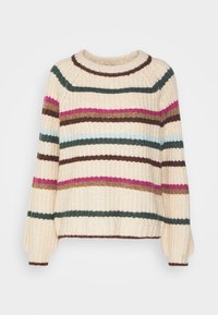 Krämfärgad stickad tröja med breda horisontella ränder i grönt, brunt, rosa och blått. Har en rund halsringning och ribbade ärmslut.