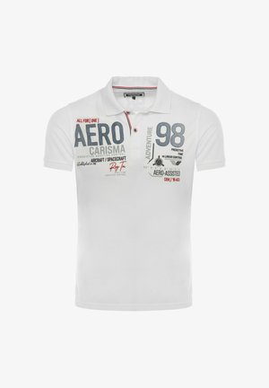 Polo bianca con colletto con testo e grafica stampati, tra cui "AERO 98", "CARISMA", "Adventure" e disegni a tema aerei.