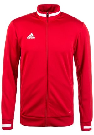 Rote Adidas Trainingsjacke mit durchgehendem Frontreißverschluss, weißen Streifen an den Ärmelbündchen und Adidas-Logo auf der linken Brust.
