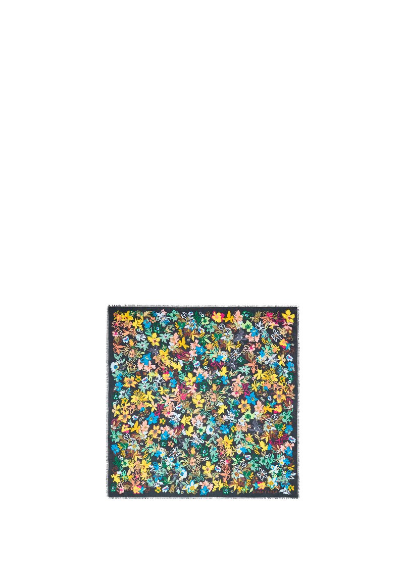 Mehrfarbener, floral gemusterter Schal mit dunklem Hintergrund, der verschiedene Blumenformen, strukturierte Kanten und lebendige Farben aufweist.
