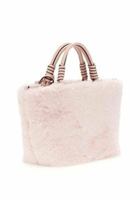 Sac fourre-tout en fausse fourrure rose clair avec deux poignées texturées et une forme rectangulaire structurée. Surface douce avec un léger éclat et sans matériel visible.