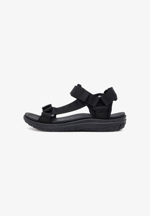 Schwarze Sandalen mit verstellbaren Riemen, strukturiertem Fußbett und Gummisohle. Verfügen über ein konturiertes Design für Komfort und Stabilität.