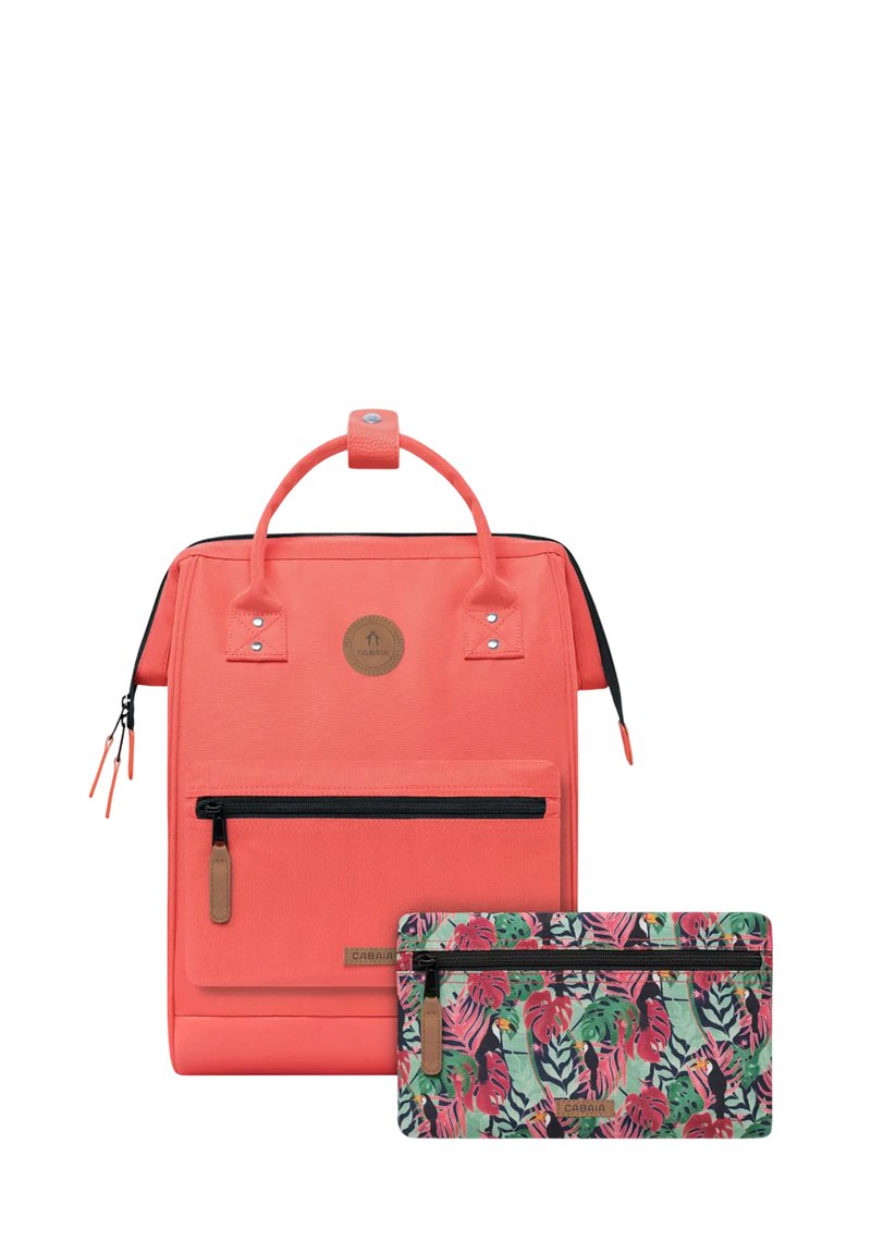 Coral backpack with a rectangular shape, a top handle, front zip pocket, and a colorful floral-patterned pouch. Matte texture, durable material.