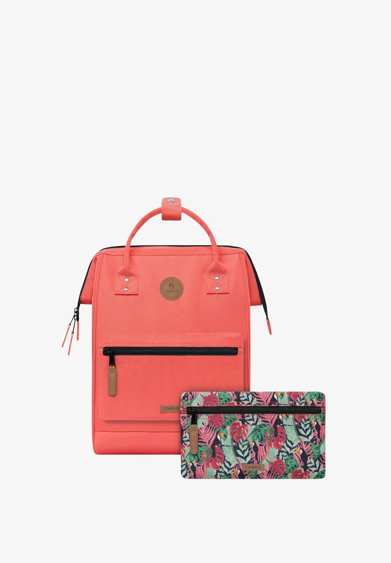 Coral backpack with a rectangular shape, a top handle, front zip pocket, and a colorful floral-patterned pouch. Matte texture, durable material.