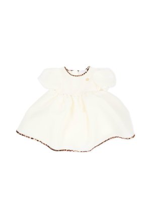 Babyjurk in crèmekleur met pofmouwen en luipaardprint rondom de halslijn en zoom, weergegeven op een witte achtergrond.