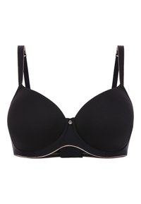Soutien-gorge rembourré noir en tissu lisse, avec des bonnets à armatures, des bretelles réglables et une fermeture à crochet. Présente un subtil piping beige le long des bords.