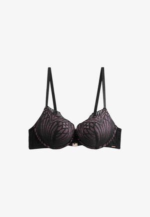 Soutien-gorge rembourré noir et rose avec un délicat overlay en dentelle, bretelles ajustables et petite fermeture à l’avant.