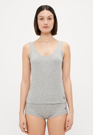 Gray cotton tank top with a scoop neckline, paired with matching gray shorts, featuring small logo accents near the hem of both.