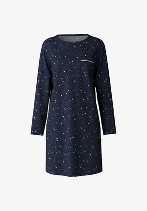 Navy nachtjapon met een sterrenpatroon, lange mouwen, ronde halslijn en een klein borstzakje. Zachte stof met een gladde textuur.