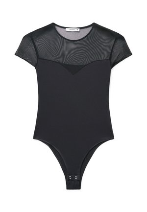 Body a maniche corte nero con parte superiore del petto e maniche in tulle trasparente, chiusure a scatto all'altezza dell'incavo, scollo rotondo.