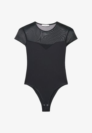 Body a maniche corte nero con parte superiore del petto e maniche in tulle trasparente, chiusure a scatto all'altezza dell'incavo, scollo rotondo.