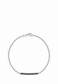 Silberne Kettenarmband mit rechteckigem Balken, der kleine schwarze Steine enthält, gesichert mit einem Karabinerverschluss.