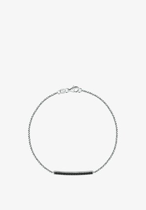 Silberne Kettenarmband mit rechteckigem Balken, der kleine schwarze Steine enthält, gesichert mit einem Karabinerverschluss.