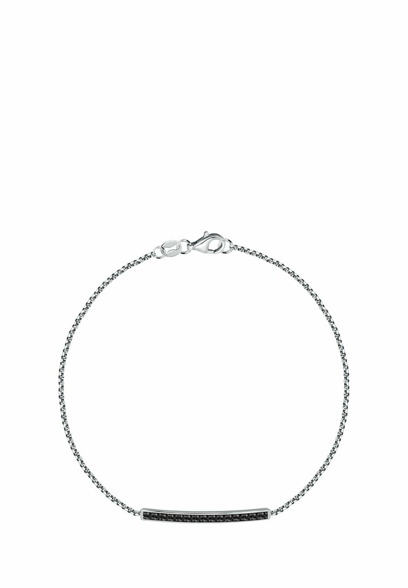 Silberne Kettenarmband mit rechteckigem Balken, der kleine schwarze Steine enthält, gesichert mit einem Karabinerverschluss.