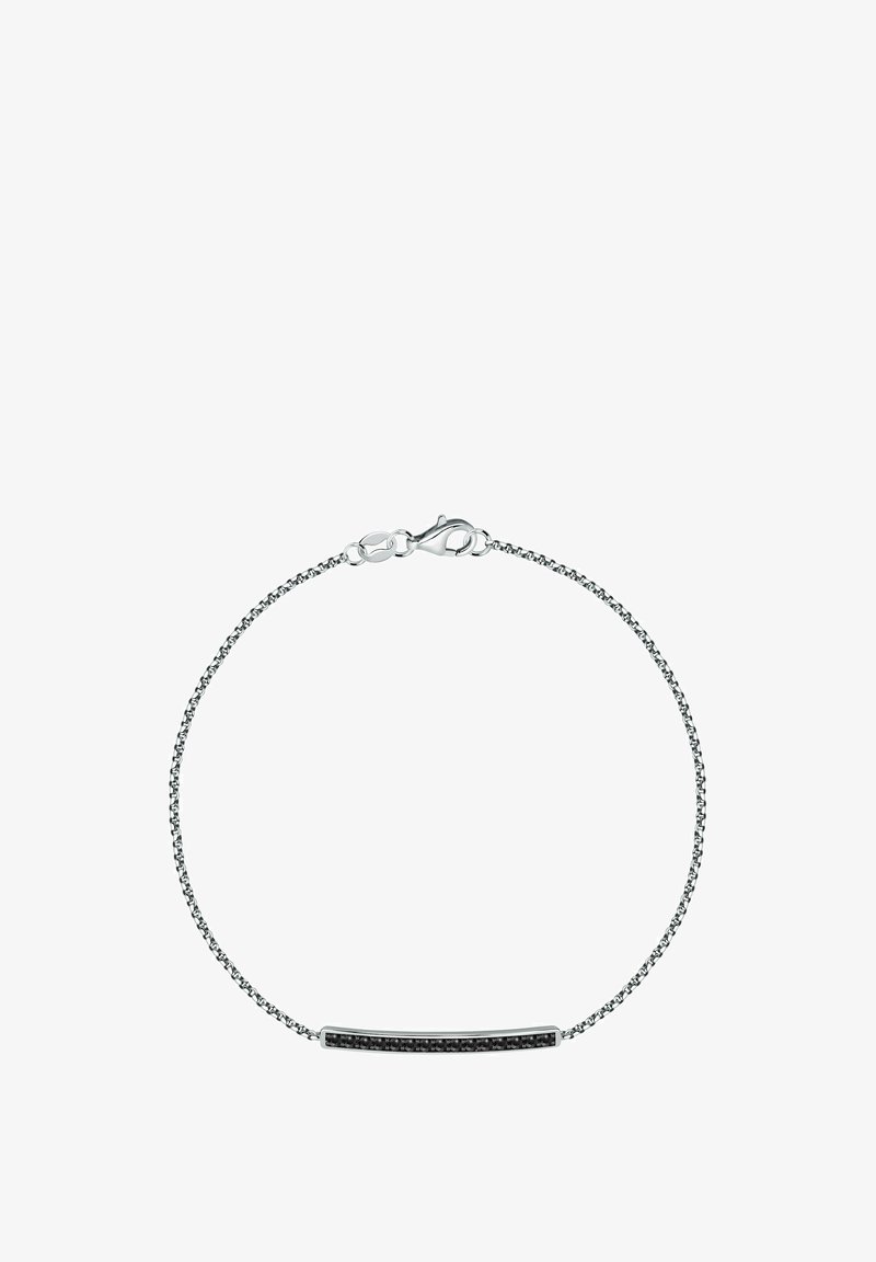 Silberne Kettenarmband mit rechteckigem Balken, der kleine schwarze Steine enthält, gesichert mit einem Karabinerverschluss.