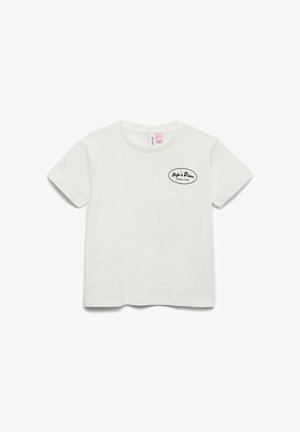 Witte T-shirt met korte mouwen en ronde hals met een klein zwart ovaal logo op de linkerborst met de tekst "Jojo's Fries Always crisp!"
