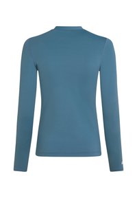 Long-sleeve shirt in solid teal fabric with a crew neck. Features a smooth texture and subtle stitching along the shoulders and sleeves.