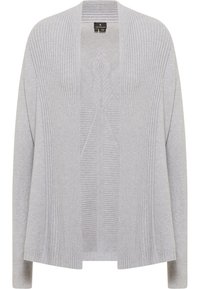 Light gray open-front cardigan with ribbed texture and intricate knitted patterns down the center and sleeves.