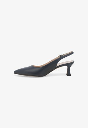 Navy blauwe leren slingback schoenen met spitse neus, lage blokhak en een minimalistisch ontwerp. Voorzien van een verstelbare enkelband.