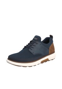 Dunkelblaue Sneaker mit strukturiertem Mesh-Obermaterial, Lederakzenten und weißer Gummisohle. Verfügt über eine braune Ferse und Schnürsenkel für einen sicheren Sitz.
