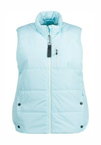 Gilet imbottito blu chiaro con colletto alto, chiusura a zip e tasca frontale. Presenta pannelli cuciti e bottoni a pressione sui lati.
