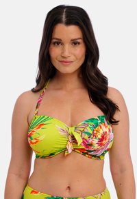 Geel bloemenbikini-top met een knoopdetail in het midden, voorzien van levendige tropische patronen in roze en groen. Verstelbare bandjes.