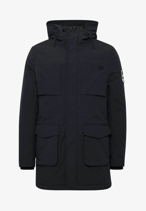 Navy parka jacket made of water-resistant fabric. Features a hood, two large front pockets, adjustable drawstrings, and a zippered front.