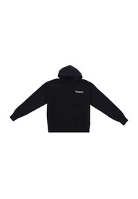 Schwarzer Hoodie aus weichem Stoff, mit einer Fronttasche, gerippten Bündchen und einer Kapuze mit Zugband. Logo auf der Vorderseite bedruckt.